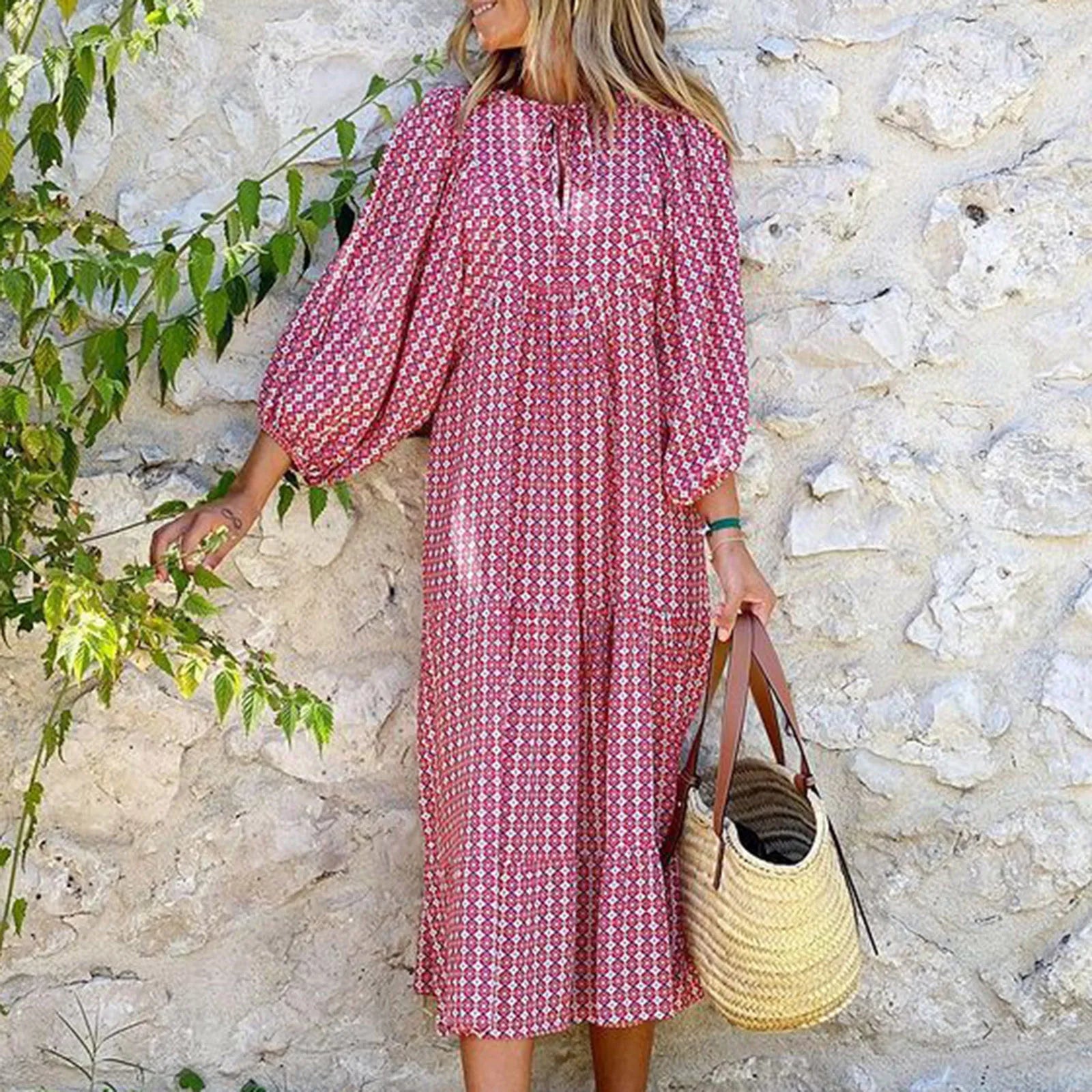 Puff Sleeve Boho Maxi Dress Elegant Women Summer 2022 Casual Floral Drawstring V-Neck Loose Holiday Beach Dresses Party Vestidos Badiee Stylez