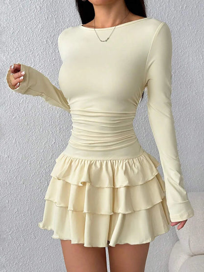 2025 Autumn Solid Slim Fit Cascading Ruffles Mini Dress Winter Women Elegant Flare Sleeve High Waist Sexy Party Bodycon Dresses Badiee Stylez