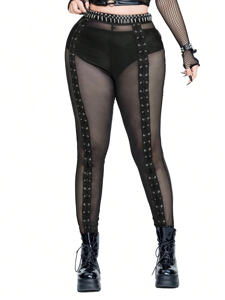 Plus Size Rave Coachella Women's Cock Eye Webbing Drawstring Tie-Up Mesh Spliced Mesh Trousers Punk Style