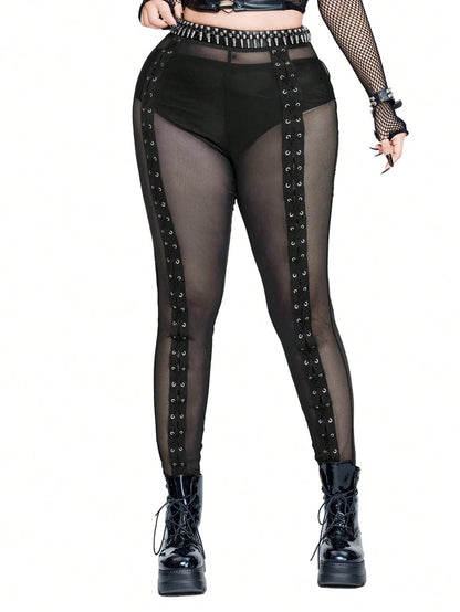 Plus Size Rave Coachella Women's Cock Eye Webbing Drawstring Tie-Up Mesh Spliced Mesh Trousers Punk Style