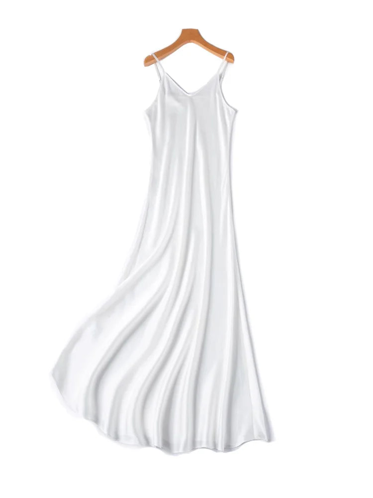 SuyaDream Woman Long Dress, 100%Real Silk, V Neck, Solid Spaghetti Strap Dresses, 2025 Elegant Chic Clothes Badiee Stylez
