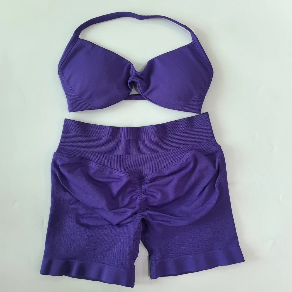 NO LOGO 2PCS Gym Set Women Strappy Yoga Bra Top High Waist Workout Scrunch Shorts Sports Suit Seamless Yoga Set Fitness Clothes Badiee Stylez