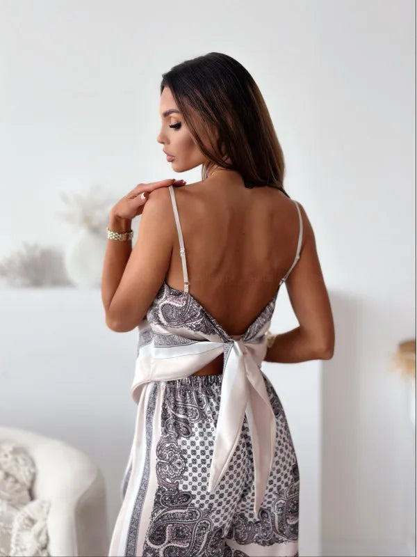 Summer New Women's Fashion Printed Sleeveless Strap Wrap Chest Sexy Strap Open Back+Positioning Flower Pants Set Two Piece Set
