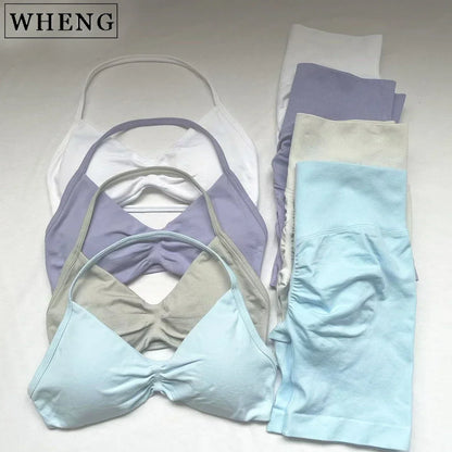 WHENG Gym Set 2 Piece Women Strappy Yoga Bra Top Workout Scrunch Shorts Sports Suit Fitness Clothes Seamless Yoga Set Badiee Stylez