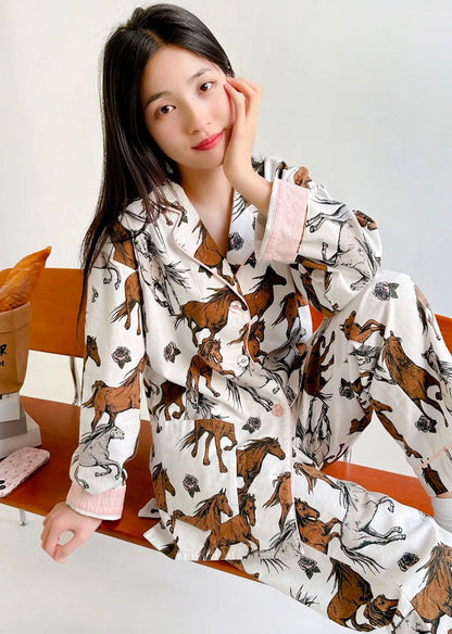 Women's Winter Pyjama Suit Print Long Sleeve Turn Down Collar Female Clothes 100% Cotton Single Breasted Sleepwear for Female