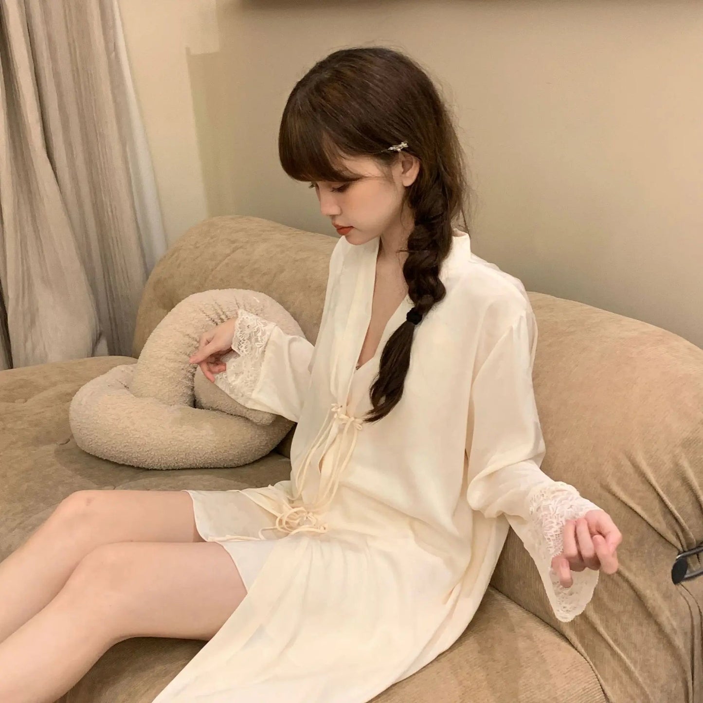 New Chinese Style 2PCS Robe Nightgown Set Sleepwear Sexy Lace Suspender Nightdress Loungewear Jacquard Satin Bathrobe Homewear Badiee Stylez