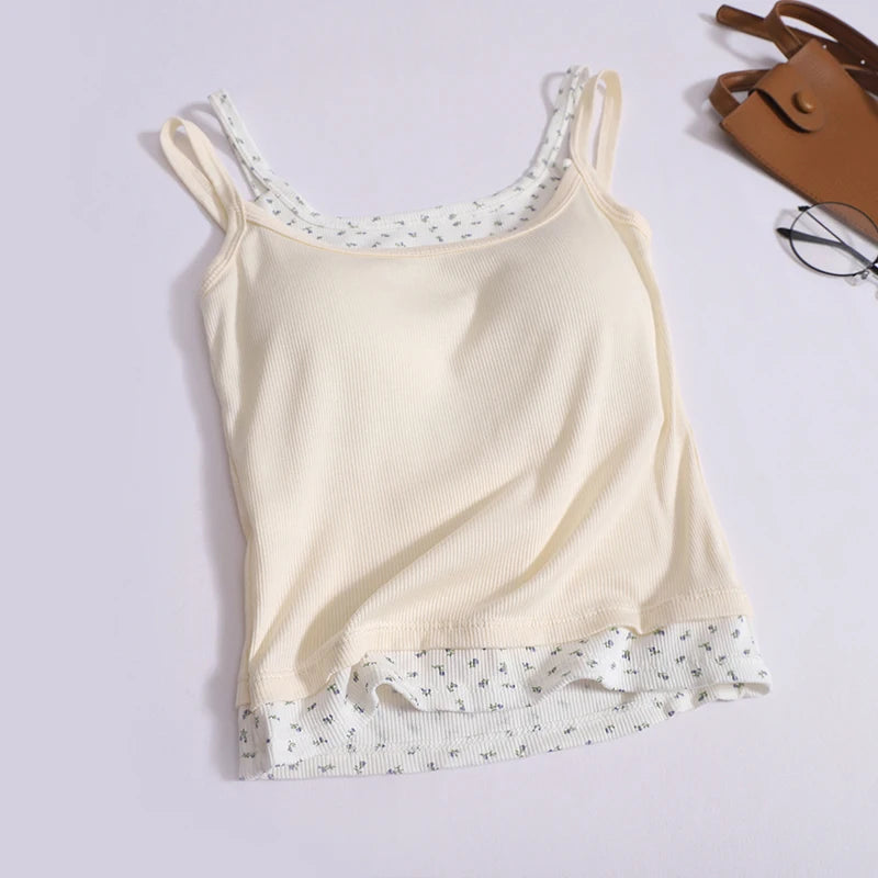 Women Sweet Patchwork Floral Printing Tank Tops With Bra Pad Sexy Off Shoulder Spaghetti Strapy Top Summer Worn Outside Camisole APRICOT One Size