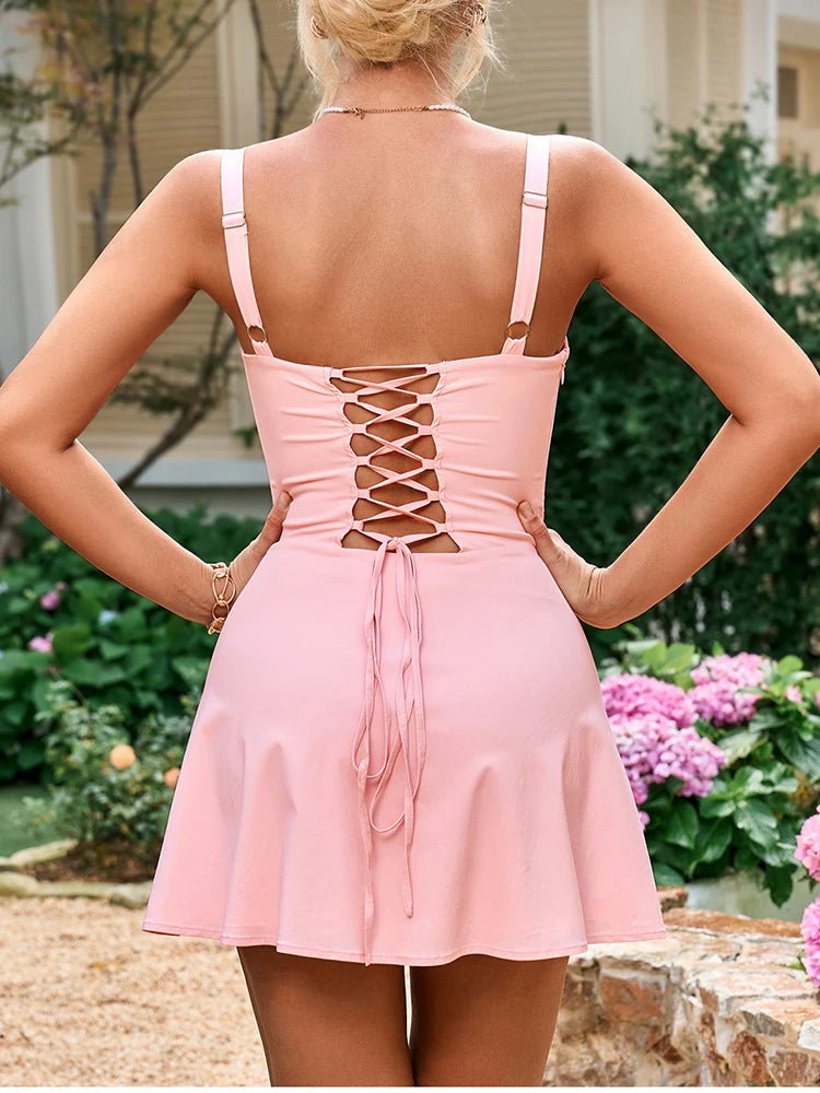 NewAsia Fashion Solid Mini Dress Sweet Adjustable Bandage Backless Slim Camis Dresses Elastic Zipper Robe Holiday Style Vestidos