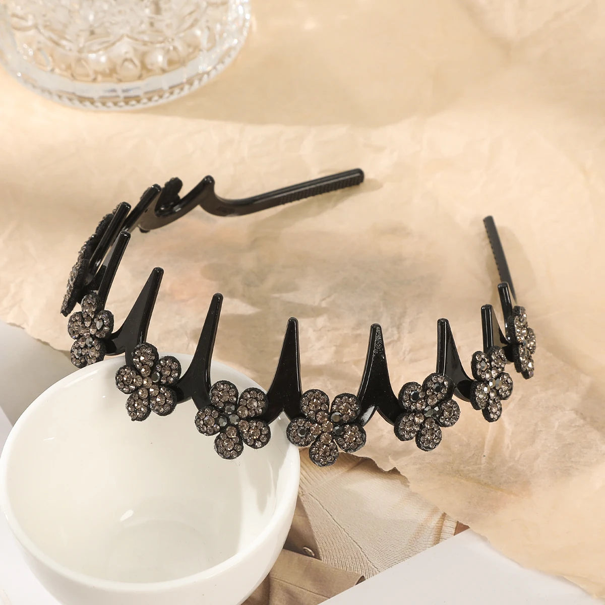 Flower Rhinestone Wave Hairband Headbands Hair Hoops Women Korean Retro Hair Hoops Face Wash Hairpin Fluffy Texture Toothed Comb a