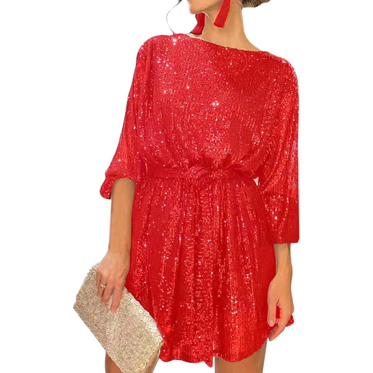2024 New Fashion Women´s Autumn Sequin Party Dress, Sparkle Long Sleeve Round Neck Short Cocktail Dress with Belt Badiee Stylez
