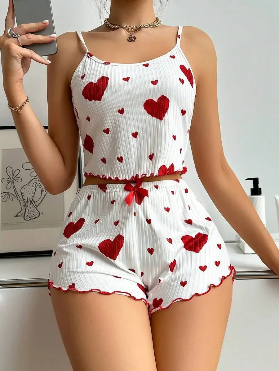 Women's Pajamas Set Sleepwear 2 PCS Short Tank Tops And Shorts S M L White Ventilate Soft Casual Love Printing