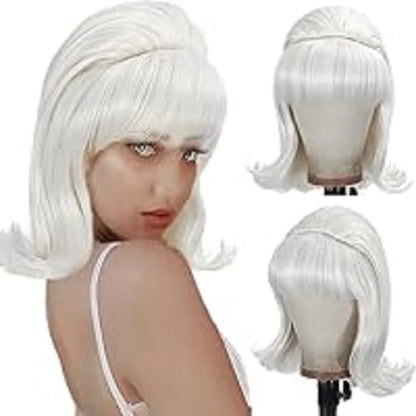 Synthetic A 14-inch black vintage period women's short straight wig with flat bangs is perfect for everyday holiday parties Off white 14inches 1pc