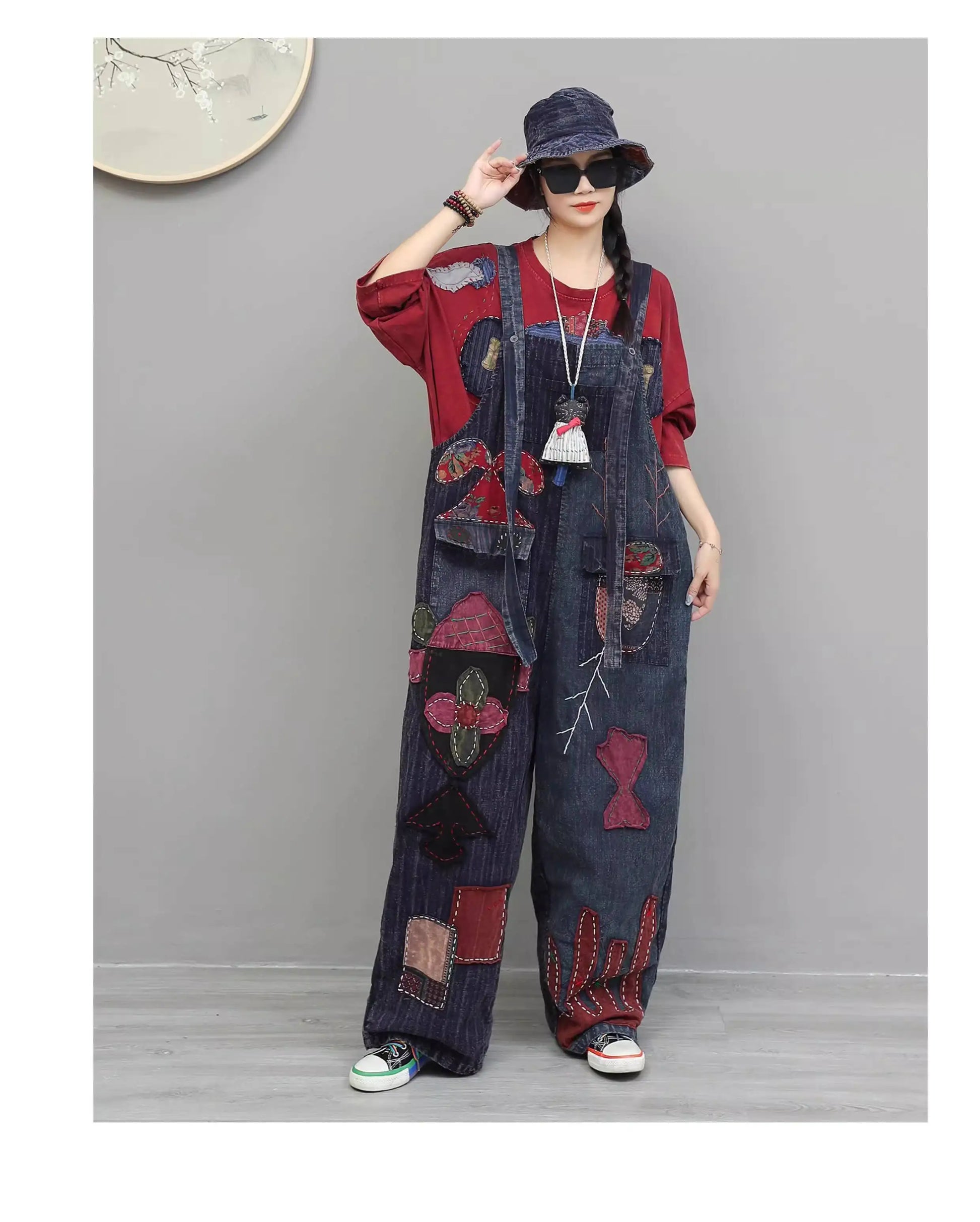 Hand Embroidery Old Cloth Patchwork Wide Leg Strap Long Pants Women Autumn Loose High Waist Jumpsuit LX4343 Badiee Stylez