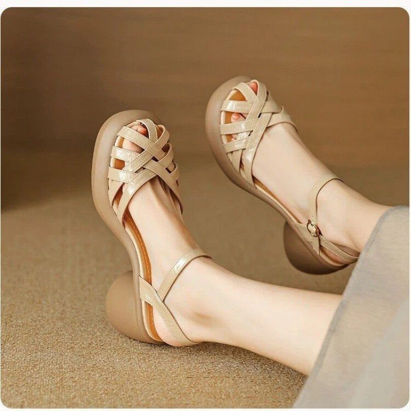БосоножкиженскиеFashion Retro Women Shoes Summer New Round Heels Thick Soled Anti Slip Roman Sandals Simple Women Heels Sandals Badiee Stylez