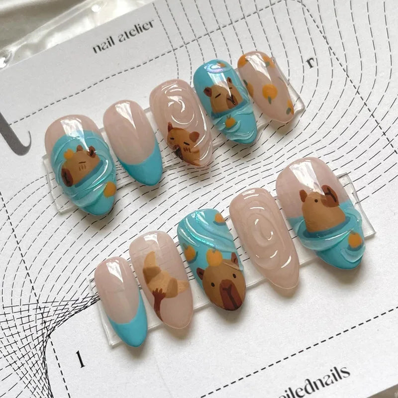24pcs Romantic Y2k Star Press On Nails Gradient Blue French Style Gold Moon Designs Fake Nail Sweet Almond False Nails For Women Y7