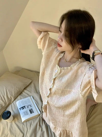 Ruffles Women Pajamas Sets for Home Summer Floral Sleepwear Shorts Sleeve Lace 2 Pieces Button Night Wears Korean Home Suit 2024