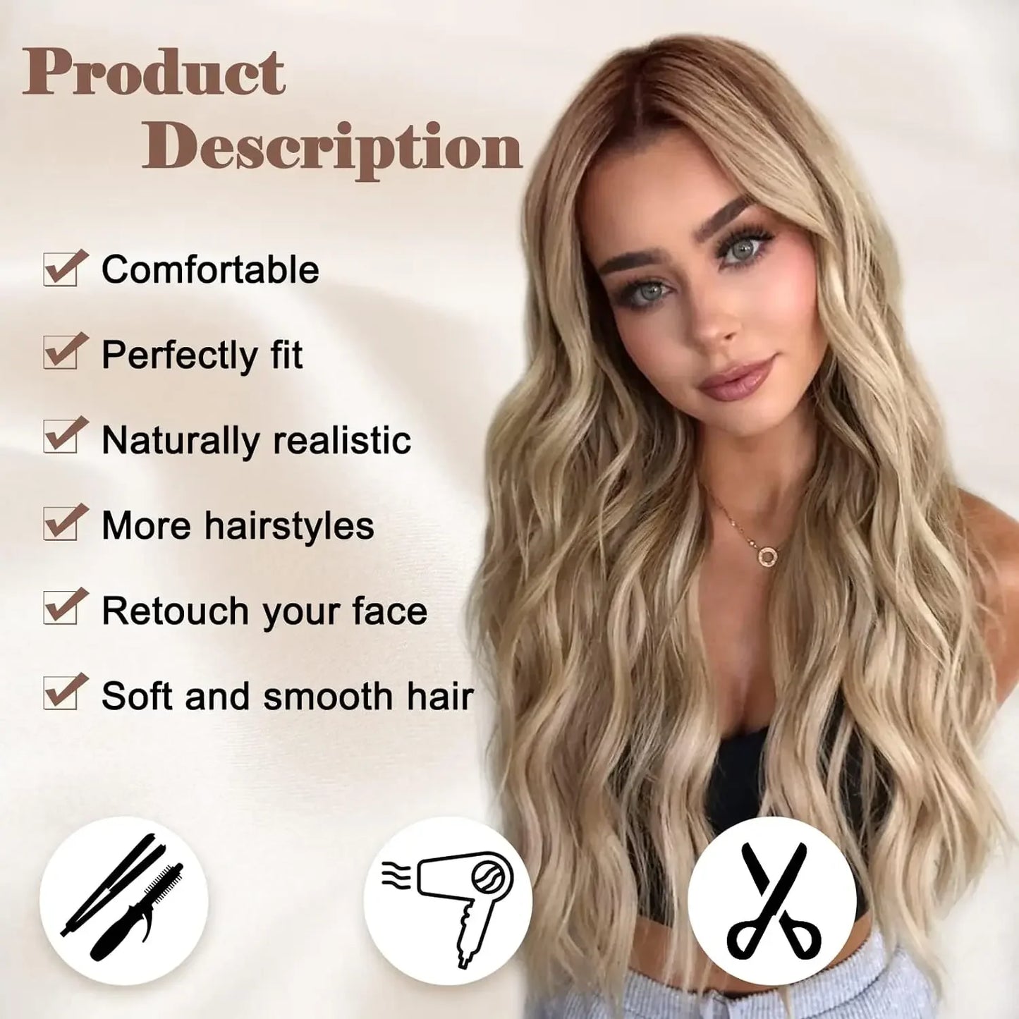 Synthetic Long Lace Wig Matte Silk Ombre Platinum Blonde Wavy Wig for Women 26 Inch Curly Middle Part Extension for Daily
