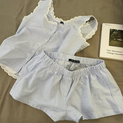 Striped Women Pajamas Summer Sleepwear Sleeveless Shorts Sets 2 Pieces Lace Night Wears Tank Korean Sleeping Home Suit 2025 New Set