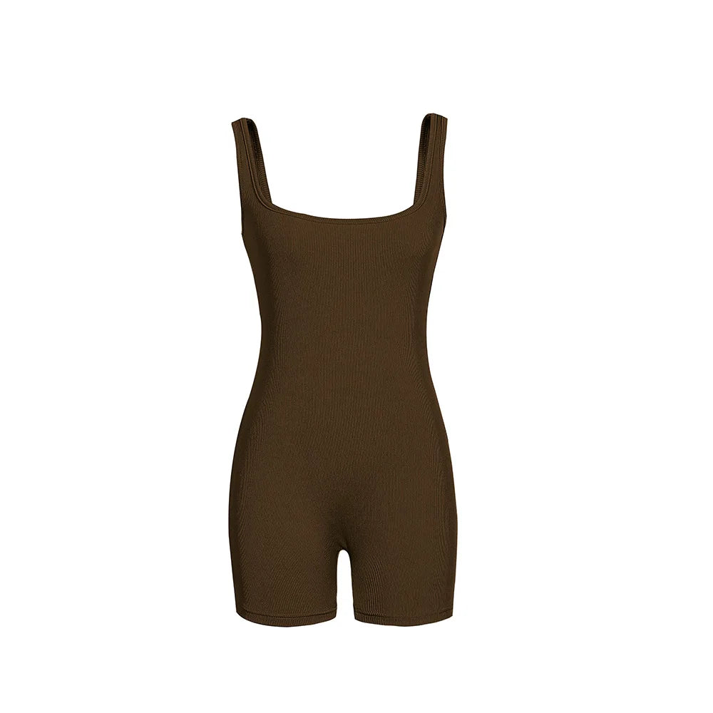 Women's Solid Color Camisole Square Neck Stretchy One-Piece Jumpsuit Sports Tank Top with Tight Pants And Belly Control