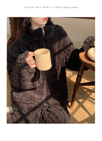 Large Size Flannel Pajamas Set Autumn Winter Female Sleepwear Trouser Suit Thicken Coral Fleece High Collar Lounge Wear Homewear