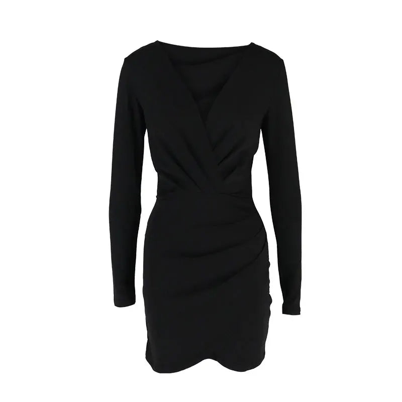 Sexy Black Dresses Autumn New Women Mini Dresses Streetwear Fashion Folds Long Sleeves V-Neck Dress Casual Slim Elegant Clothing