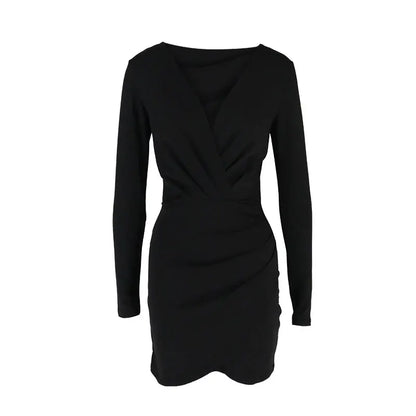 Sexy Black Dresses Autumn New Women Mini Dresses Streetwear Fashion Folds Long Sleeves V-Neck Dress Casual Slim Elegant Clothing