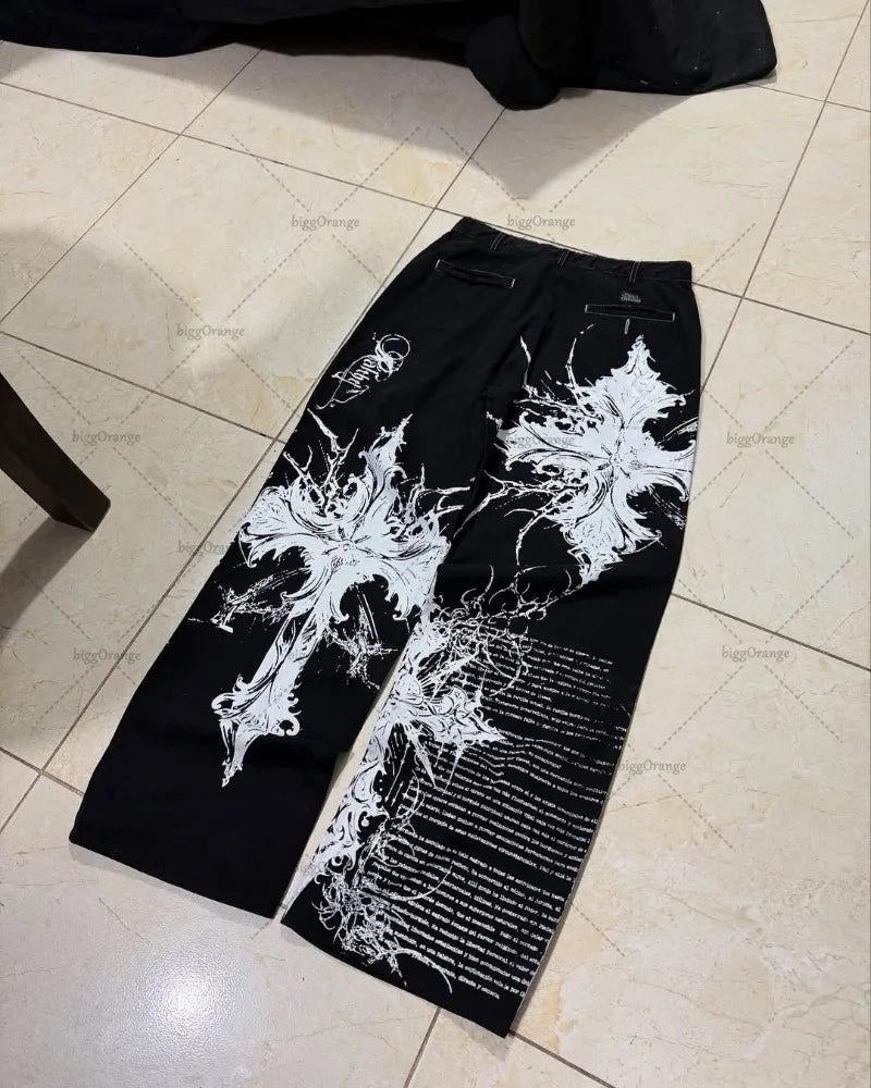 New Hip-hop Punk Harajuku Y2K Streetwear Trousers Women Goth Cross Print Baggy Jeans American Retro High Waist Wide-leg Pants