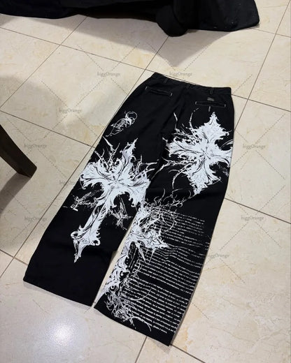 New Hip-hop Punk Harajuku Y2K Streetwear Trousers Women Goth Cross Print Baggy Jeans American Retro High Waist Wide-leg Pants