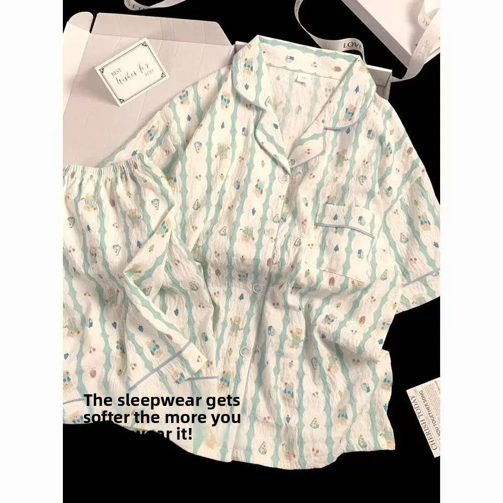 Cute Girl's Summer Cotton Linen ort Sve Nightgown Home Clothes Set Bear Print Gauze Spwear Simple Home Sle Cloud cotton short stripes christmas