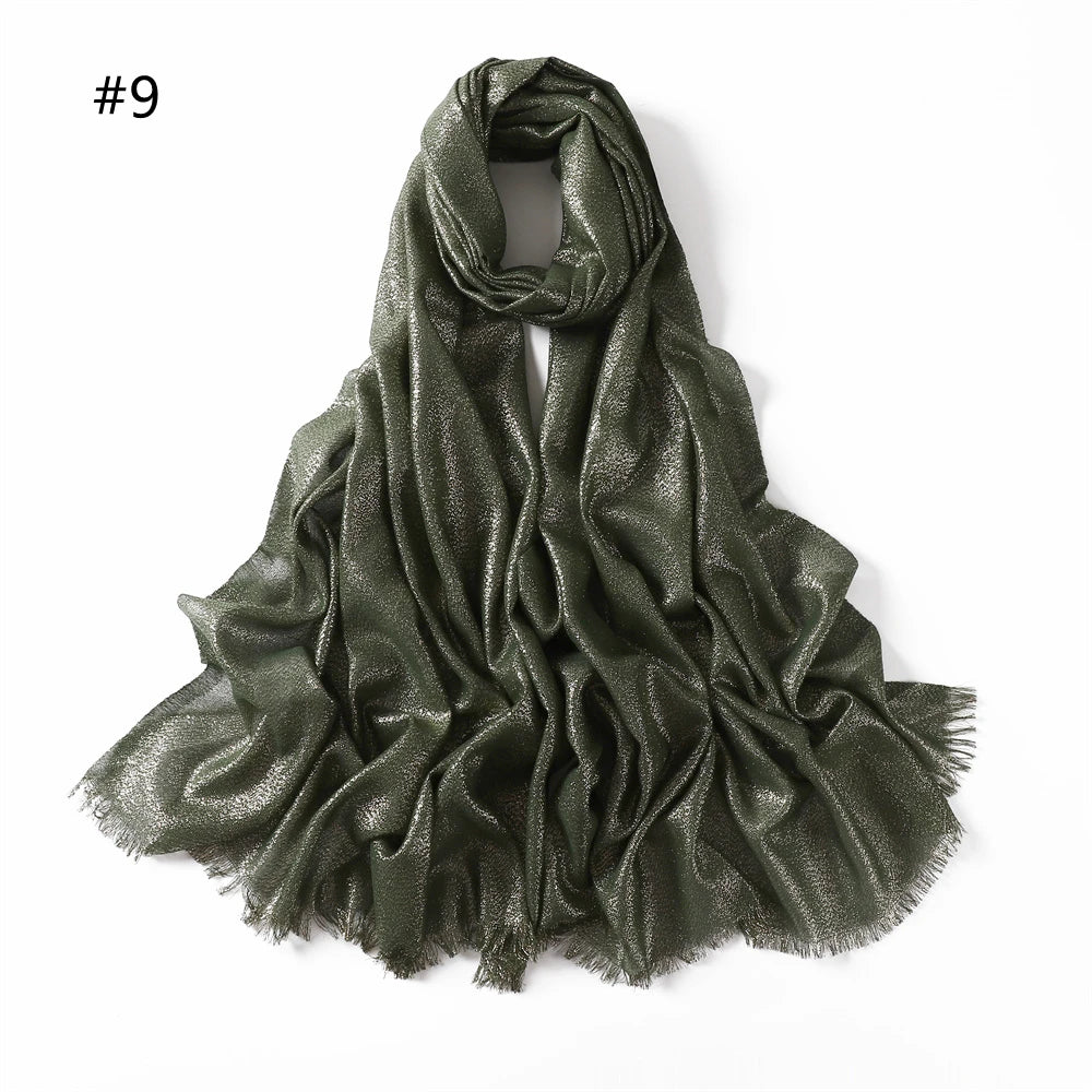 Lastest Brand Design Scarf Shiny Solid Color Shawls Rayon Fabric Gold Silk Silver Wire Head Shawl Fringe Hijab For Women