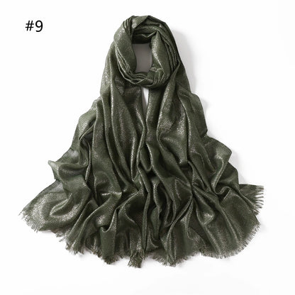 Lastest Brand Design Scarf Shiny Solid Color Shawls Rayon Fabric Gold Silk Silver Wire Head Shawl Fringe Hijab For Women