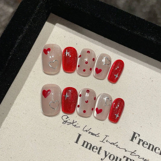 10Pcs Valentine's Day Handmade Nails Red Heart Polka Dot False Nail for Women&Girl Short Cat's Eye Detachable Wearable Nails