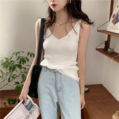 Solid Color Basic Women's Vest Tank Top Solid Color Knitted Tees Top Cropped Top Camisole Sweater V-neck Summer Sleeveless