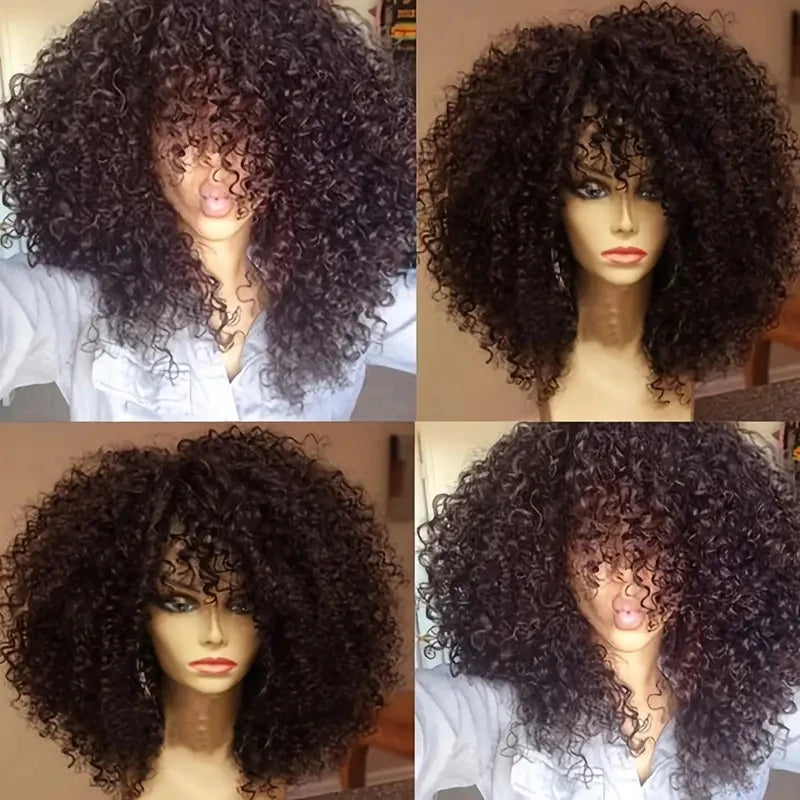 16 Inch Afro Kinky Curly Hair Wigs With Bangs Soft Fluffy Synthetic Fiber None Lace Wigs For Party Cosplay Daily Use Badiee Stylez
