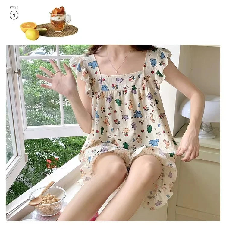 Summer Spwear Women's 2025 New Japanese Sle Fre Vest orts Woven Cotton Thin Home Clothes Set Sweet Print ort Pants