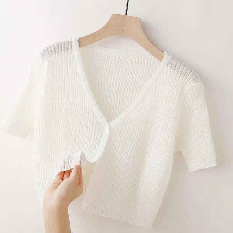 Ice Silk Knitted Cardigan Women's Summer Thin Short-sleeved Outer Wear Sun Protection Short Versatile Simple Commuter Top White