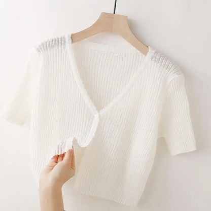 Ice Silk Knitted Cardigan Women's Summer Thin Short-sleeved Outer Wear Sun Protection Short Versatile Simple Commuter Top White