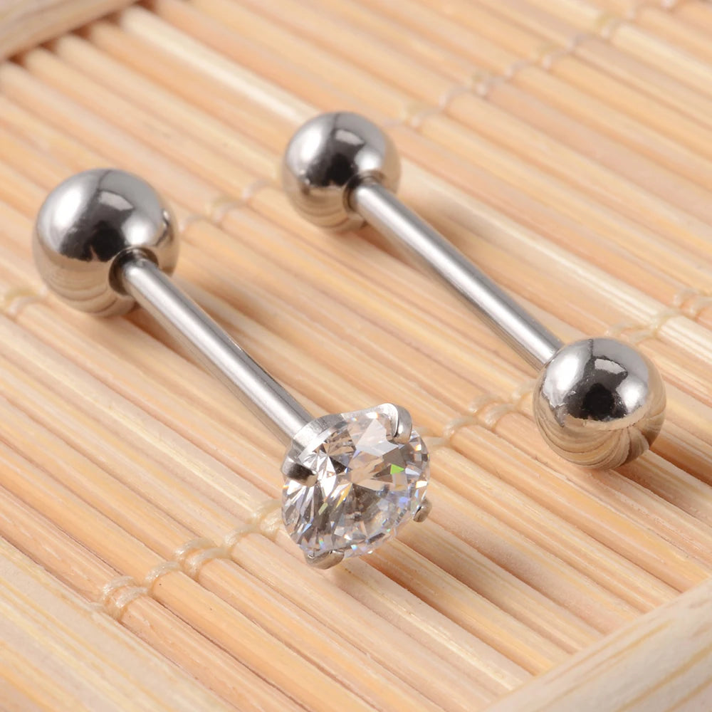 2PCS Anti-Allergy Surgical Steel  Prong Zircon Tongue Barbell Piercings Ball Tongue Barbell Rings Fashion Piercing Jewelry Badiee Stylez