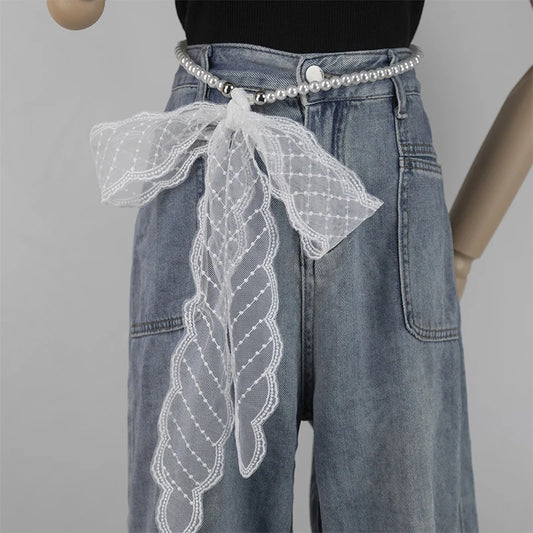 High-Quality Retro Silk Scarf Featuring Lace; Versatile Long Streamer Headband