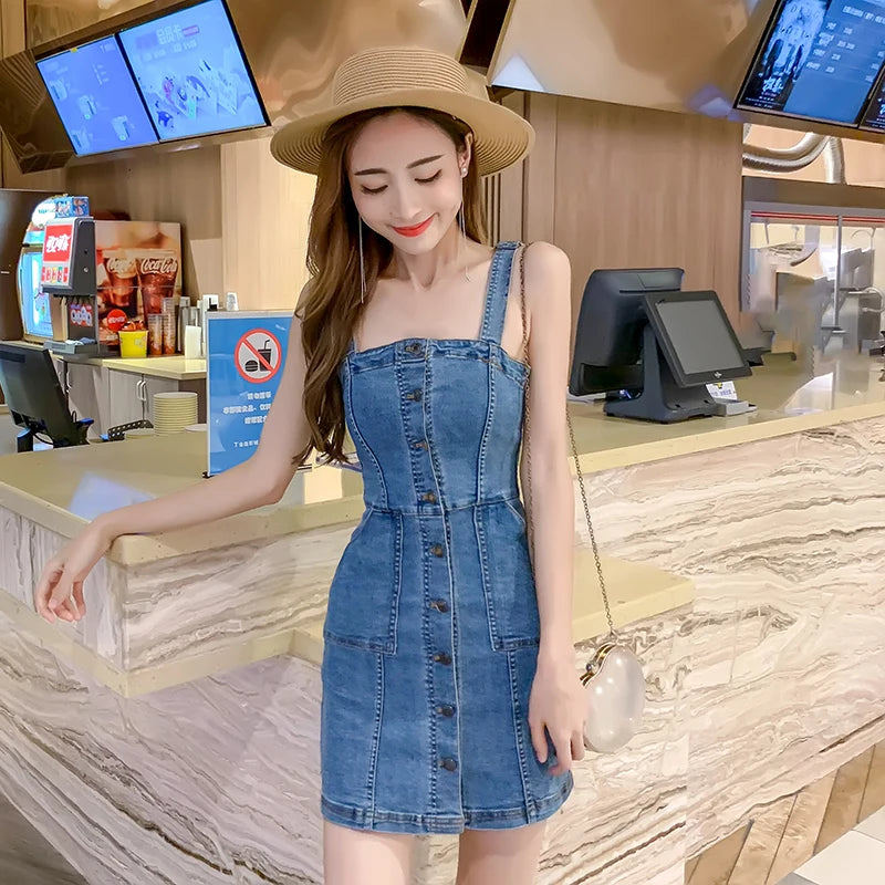 Denim Dress Summer Spaghetti Strap Sundress Vintage Casual Solid Retro Chic Sexy Jeans Button Front Blue Party Dress Women 2022