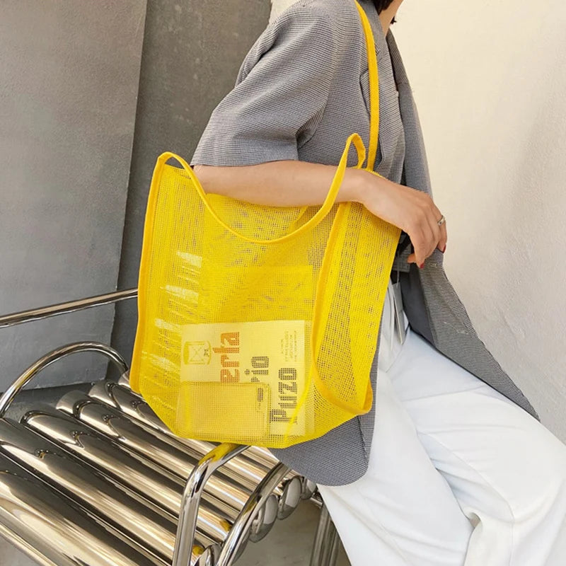 Summer Fashion Mesh Handbag Totes Hollow Out Shoulder Bags For Women Female Casual Fashion Large Capacity Shopping Pack