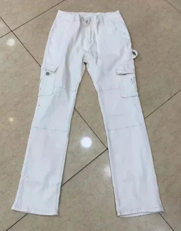 Women High Waist High Elastic Solid Jeans 2023 New Autumn Jeans Women Workwear with Pocket Denim Straight-Leg Pants Cargo Pants creamy-white