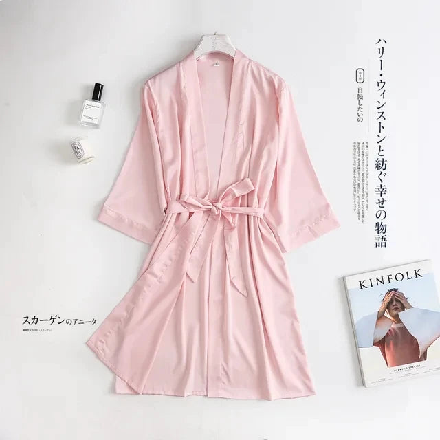 Women Wedding White Bride Robe Morning Gown 3/4 Sleeve Sleepwear Loose Nightgown Female Silk Satin Kimono Bathrobe Lingerie Pink