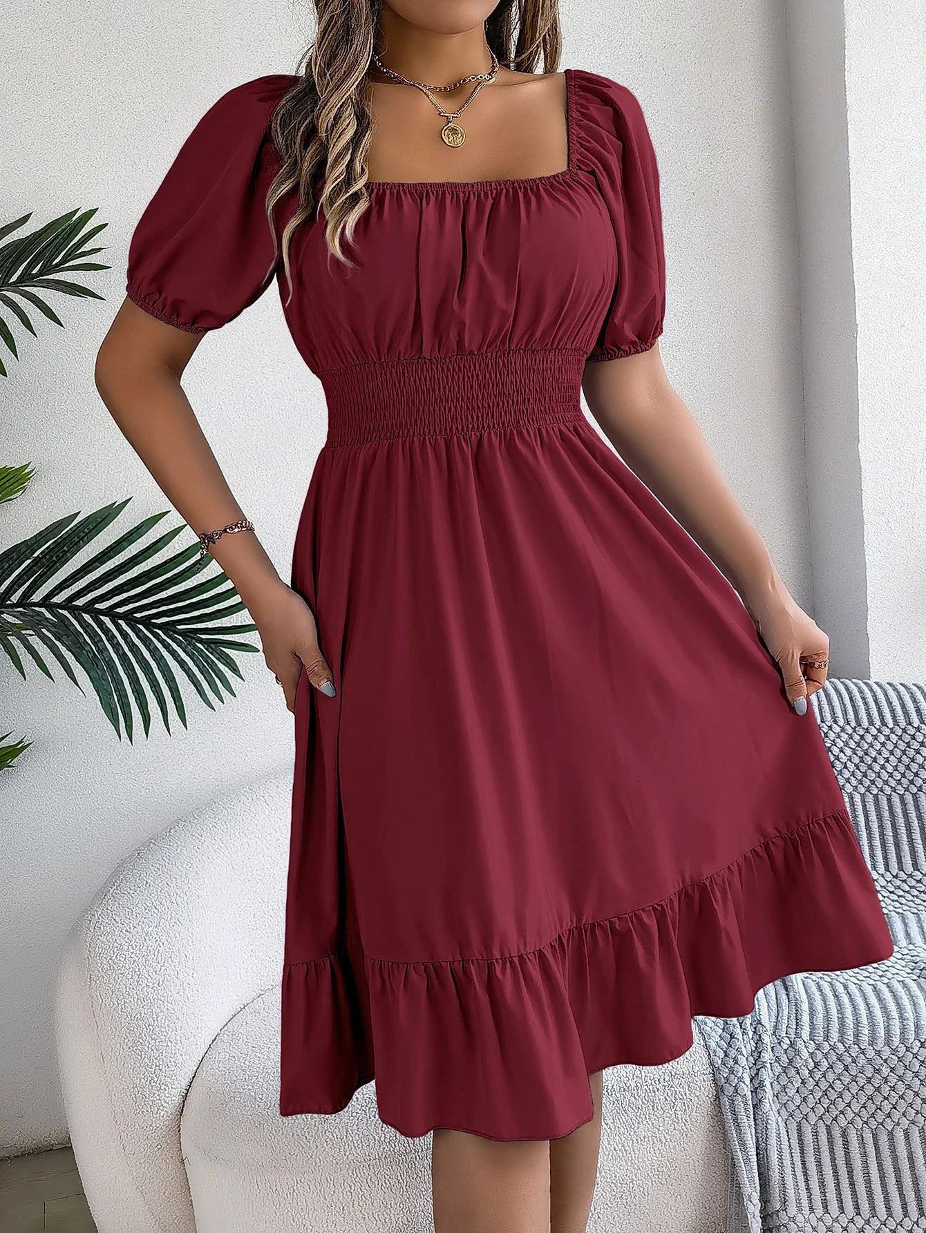 Spring and Summer Elegant High Waisted Dress Square Neck Short Sleeved Ruffled Edge Long Dresses for Women Badiee Stylez