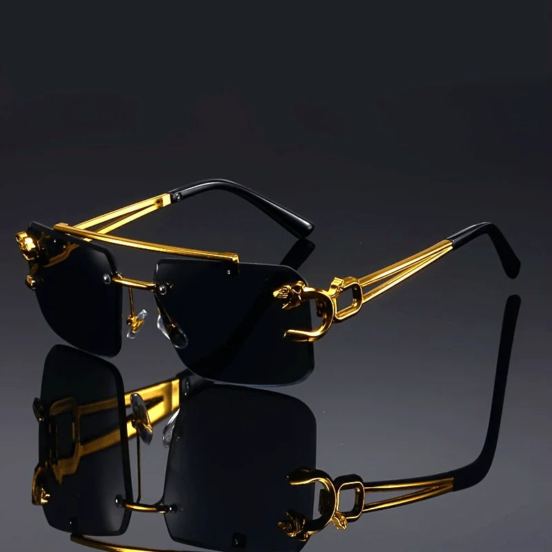 Vintage Luxury Golden Fahsion Glasses Cool Tiger Stand Women's Frameless Black For Men And Women Outdoor Travel Anti Glare Glass Badiee Stylez