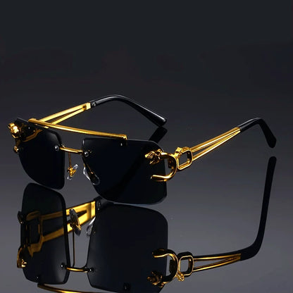 Vintage Luxury Golden Fahsion Glasses Cool Tiger Stand Women's Frameless Black For Men And Women Outdoor Travel Anti Glare Glass Badiee Stylez