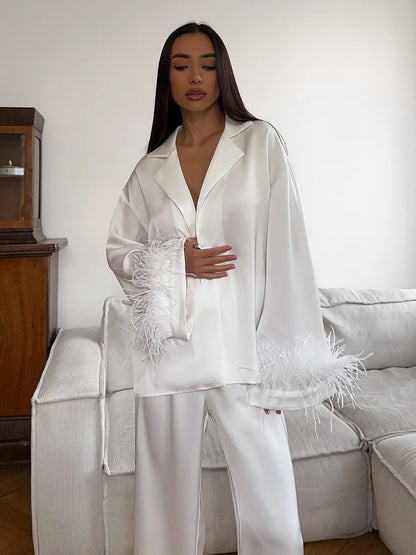 Marthaqiqi Feathers Female Nightgowns Suit Sexy Turn-Down Collar Sleepwear Long Sleeve Nightwear Pants Fashion Women Pajamas Set