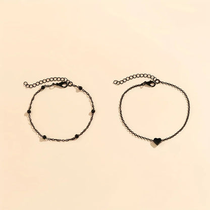 Double Tiny Heart Chain Anklets for Men Women Teen Girls, Black Tone, Ankle Bracelets Hypoallergenic Adjustable