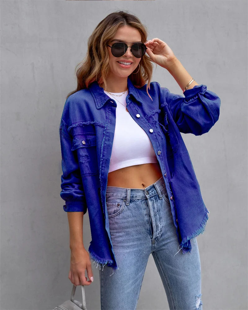2025 Spring Autumn Shirt Style Denim Jacket Women Holes Raw-edges Jeancoat Casual Tops Female Oversize Loose Outerwear 7 Colors
