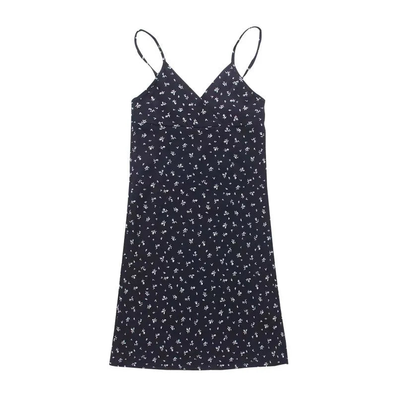 New Sexy Mini Dress Women Summer Vintage Floral Black White Navy Y2K Skinny OL Party Evening V-Neck Camis Dresses Woman Clothes Hua Hei